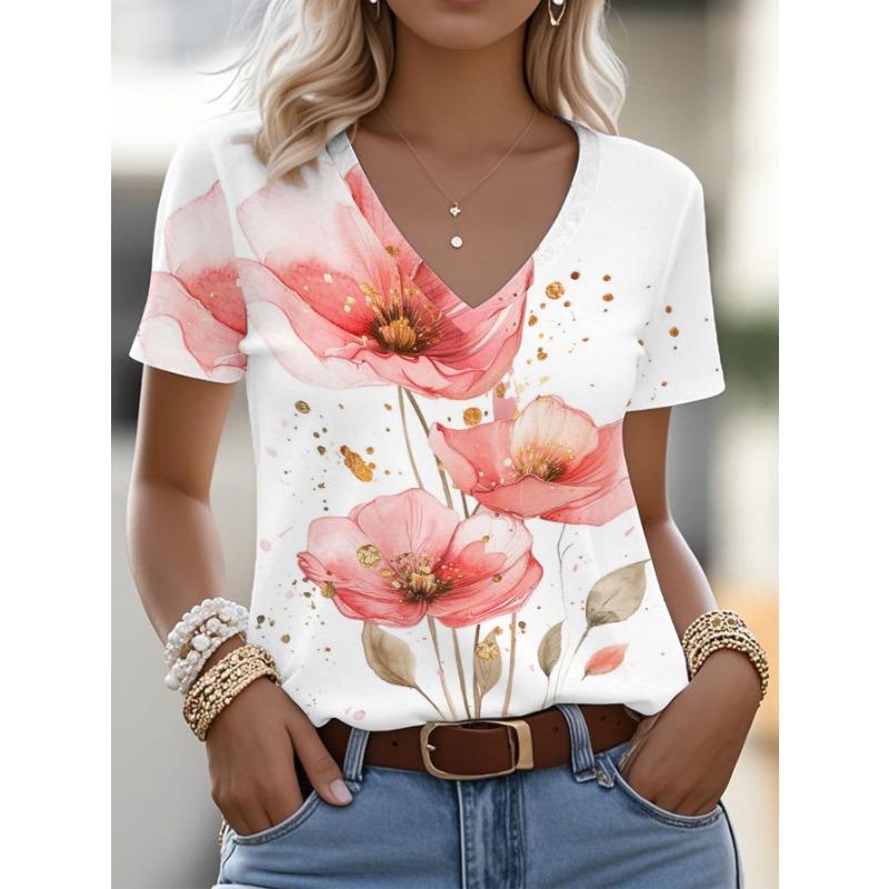 Women S Pink Floral Watercolor Print V-Neck T-Shirt | Suitable For Spring And Summer Celebrations S