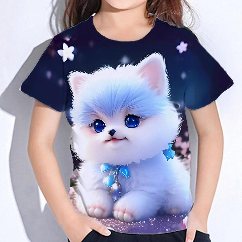 Abbigliamento per Bambini Ragazza T-shirt Manica Corta Stampa Gatto Cartone Animato 3D Vestiti Estivi per Bambini Moda Carina Abbigliamento per Ragazze Top in Poliestere