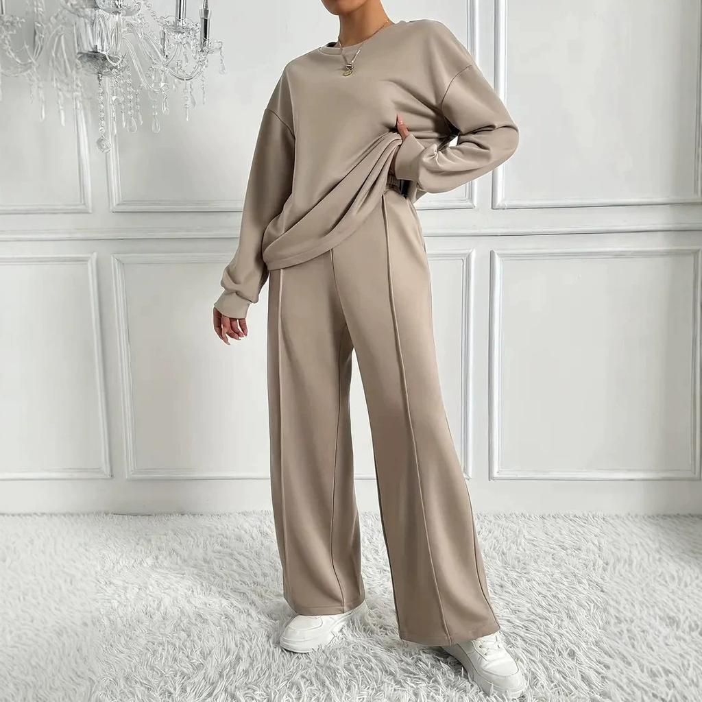 Completo due pezzi da donna casual con scollo rotondo e maniche lunghe, felpa e pantaloni a gamba larga, moda autunno inverno da donna, outfit da ufficio
