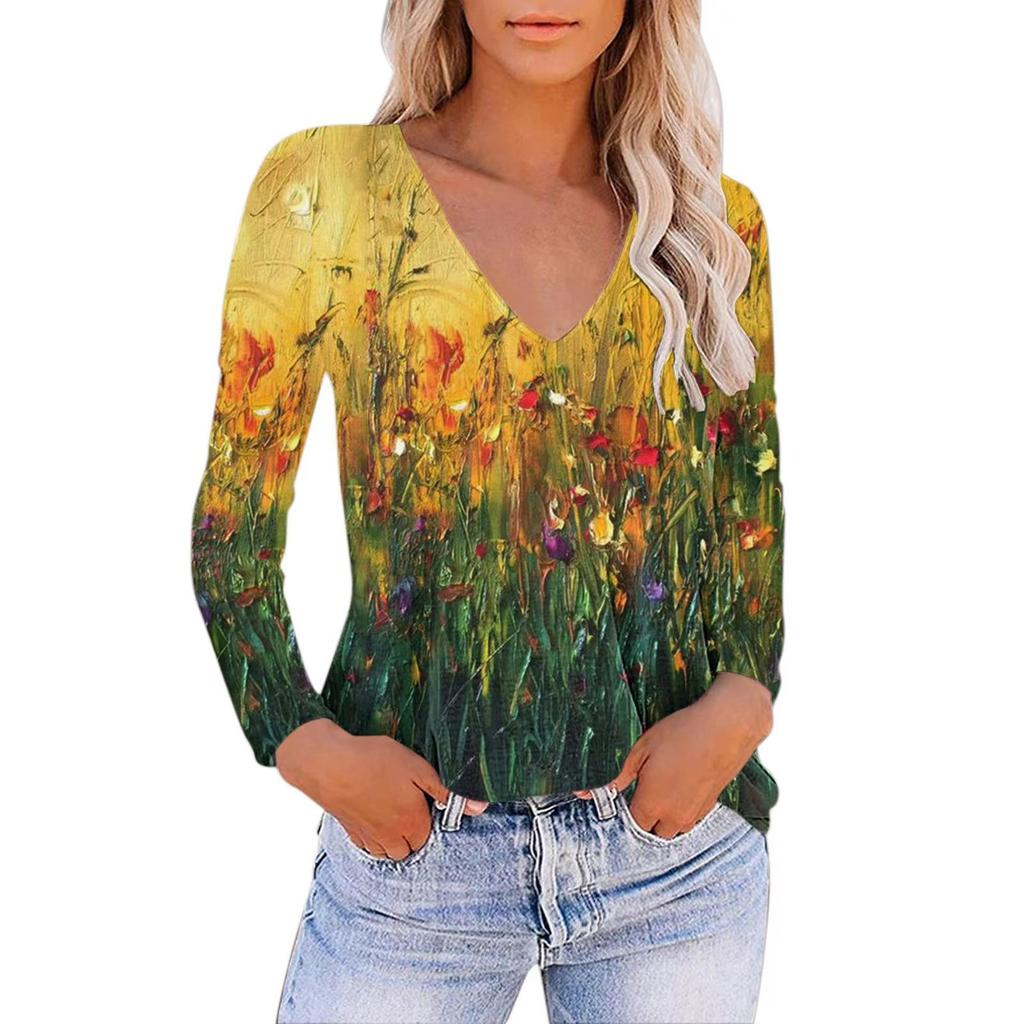 Women's Casual V-Neck Gradient Print Loose T-Shirt Pullover Long Sleeve