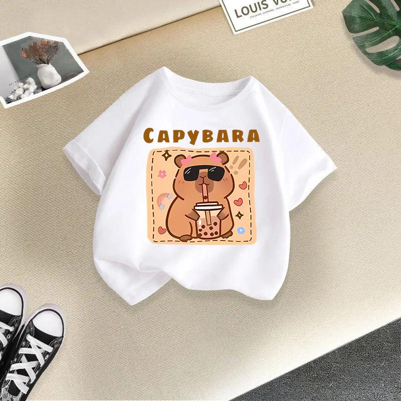 Kinder T-Shirt Capybara Aufdruck Kinder 100% Baumwolle Kleidung Oberteile 2-13J Locker geschnitten Lässig Rundhalsausschnitt Kurzarm T-Shirt