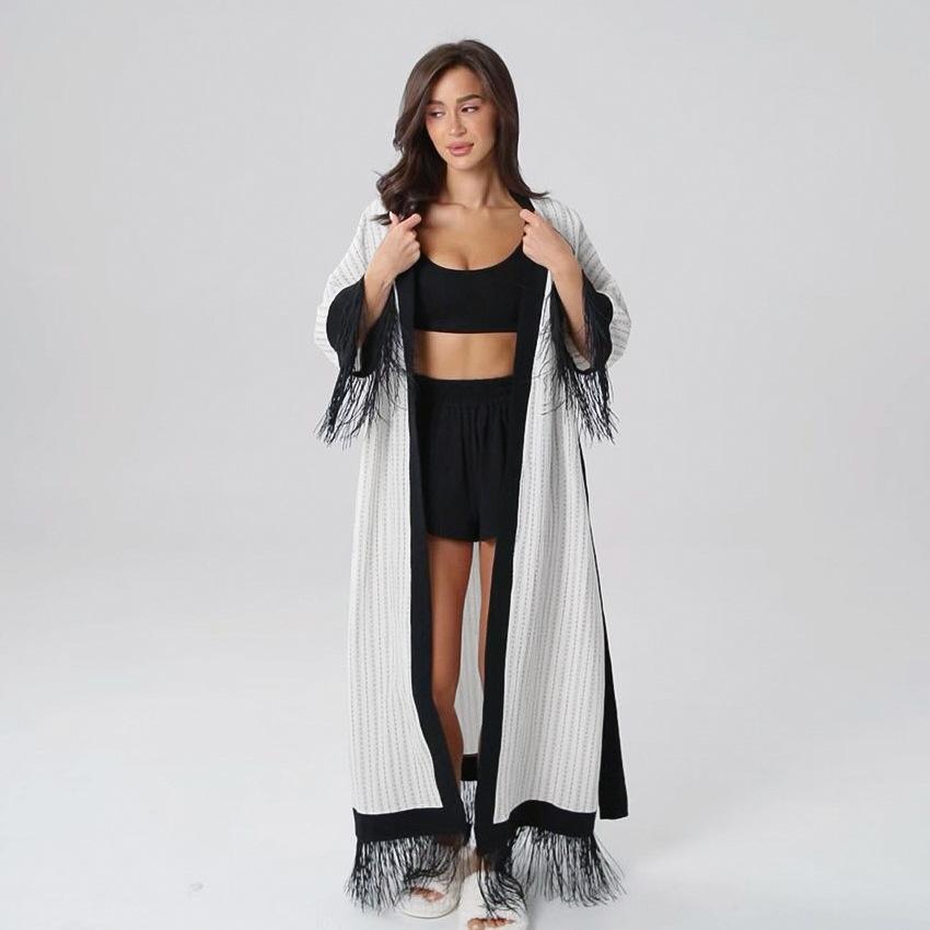 Comfortable and breathable pure cotton pajamas women's summer long-sleeved spliced fringed pajamas bathrobes loose women's loungewear