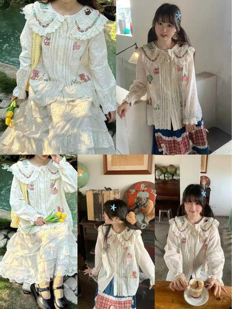 Spring 2026 Women's Sweet Ruffle Lace Shirt with Girly Applique and Tie-Up Retro Design
