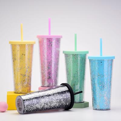 24Oz Double-Layer Plastic Cup Men'S And Women'S Sequined Shallots Glitter Creative Water Cup With Straw