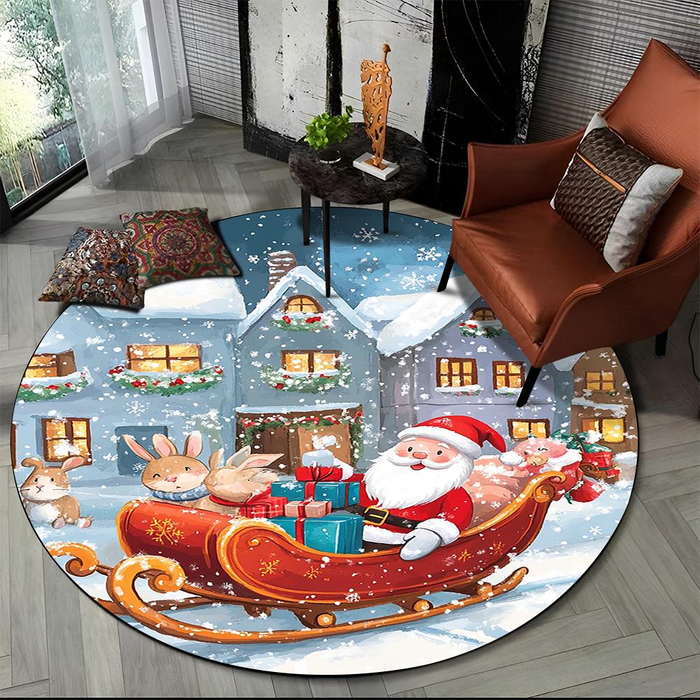 Cartoon Weihnachtsmann Frohe Weihnachten Schneemann Neujahr Runder Teppich für Schlafzimmer Wohnzimmer Sofadekoration, Dekor Bodenteppich