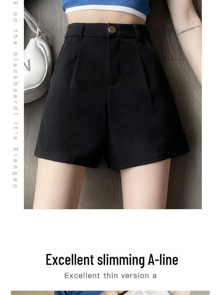 Women's High Waist Slimming Black A-line Suit Shorts for Spring 2026 - Versatile Wide Leg Quarter Pants