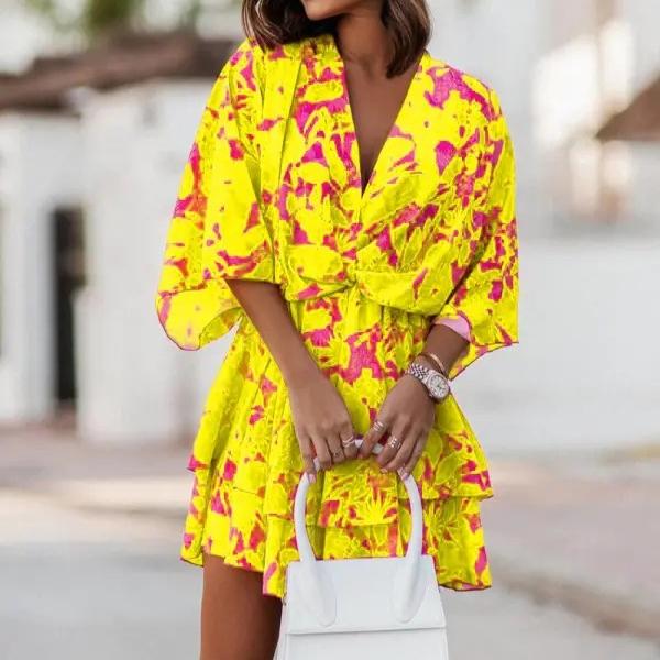 

VEZFAA Женская мода весна осень цветочный узор принт рукава 3/4 V-образный вырез средняя талия повседневные платья L