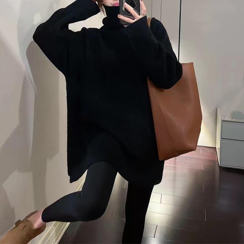 Loose and lazy turtleneck pullover sweater with women's soft waxy solid color casual versatile knitted bottoming shirt top