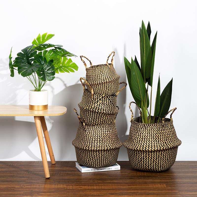 Retro Wicker Woven Seagrass Belly Baskets Planter Pot Foldable Straw Laundry Toys Sundries Organizer Baskets Home Boho Decor