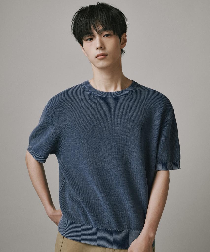 Beodeonteu Pigment Washed Round Neck Knit [Blue]