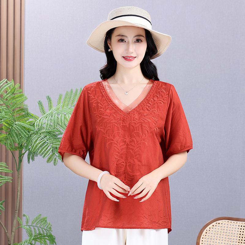 Sommer Elastisches T-Shirt Massive Baumwolle Hanf Damenbekleidung Kurzarm V-Ausschnitt Übergröße Stickerei Retro Lose Vielseitige Oberteile