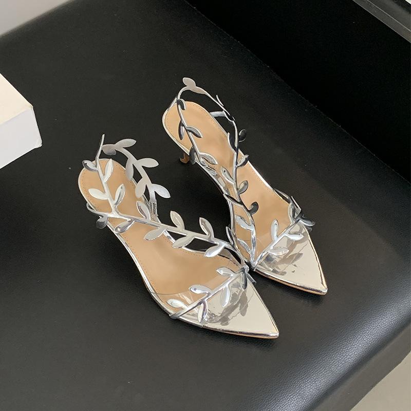 2025 Spring and Autumn New Fashion Versatile Niche Design Sense Golden Branches Jade Leaves High Heels Women's Fine Heel Open Toe One