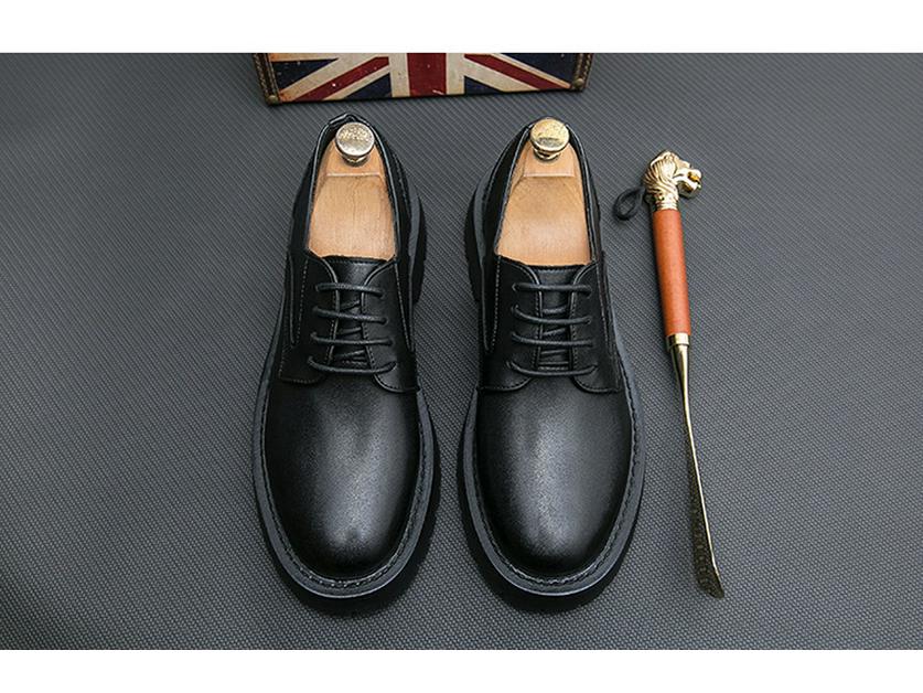 Men's Black British-Style Retro Height-Boosting Leather Shoes - Casual, Low-Top, Wear-Resistant, All-Season
