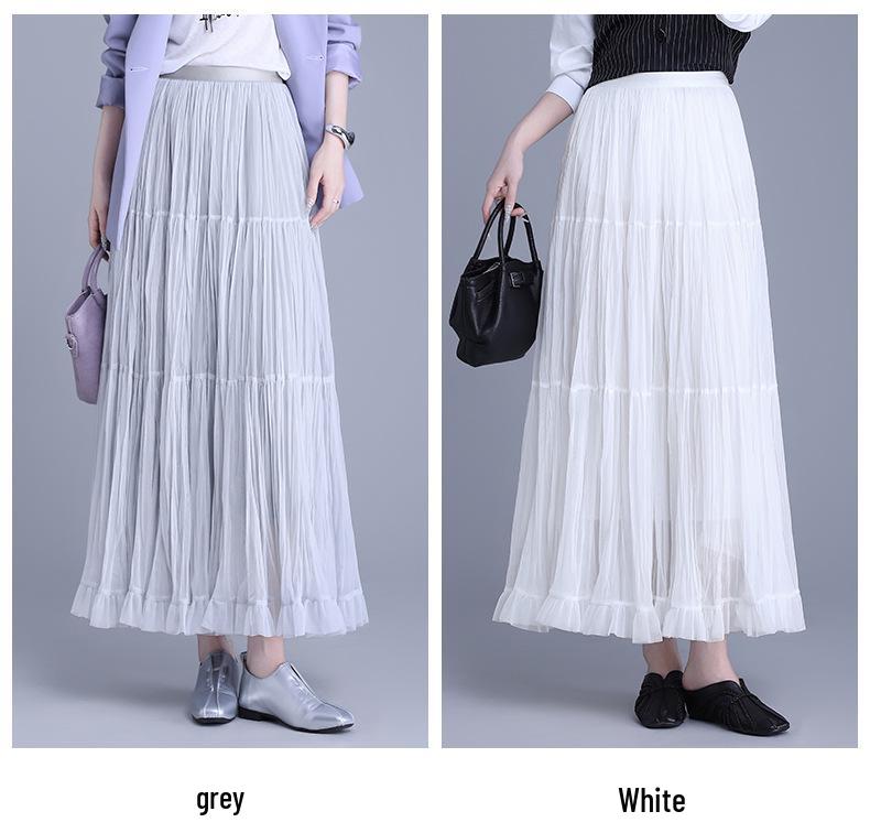 Women's 2026 Retro Ruffled Pleated Mesh Skirt - Slimming Elastic Waist, Early Spring
