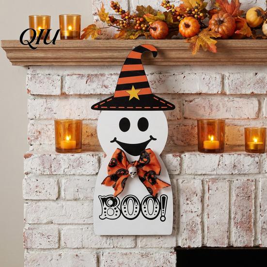 Entryway Halloween Decor Door Sign for Front Door, Wooden Ghost Pumpkin Black Cat Indoor Outdoor Ornaments Hanger Wreath, Rustic Farmhouse Welcome
