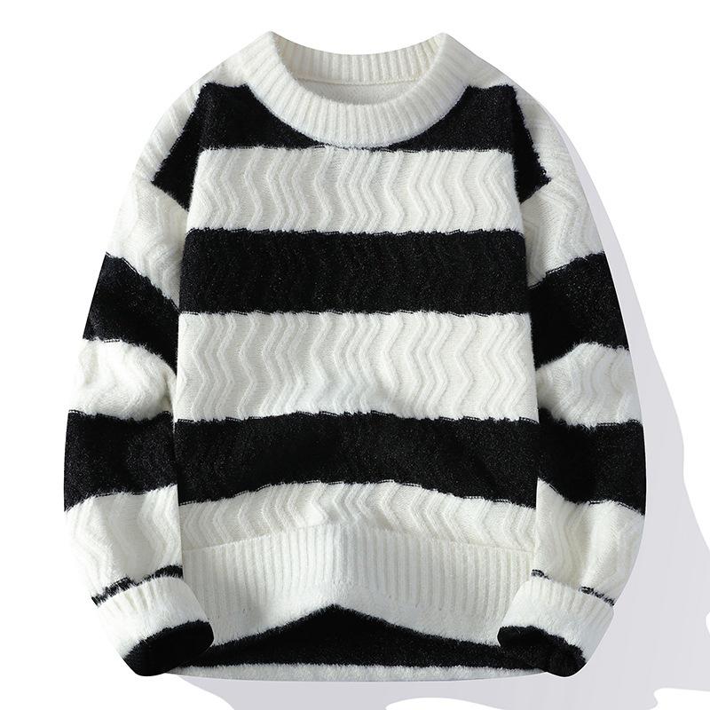 Yang Men's Striped Crew Neck Pullover: Casual Loose Knitwear for Autumn/Winter