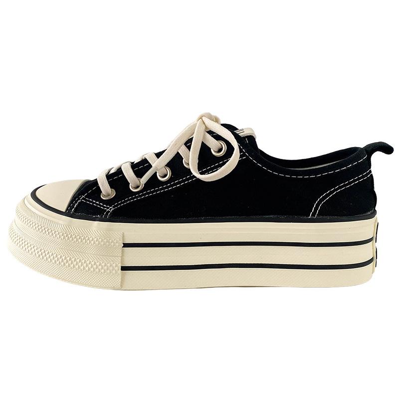 Dikke Bodem Canvas Schoenen Dames Ronde Neus Platte Veters Dubbele Band Veelzijdig Dunne Zool Board Schoenen Ademend Laag Uitgesneden Casual