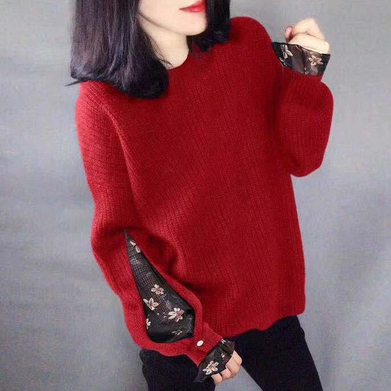 New Autumn Winter Fashion Korean Version Patchwork Contrasting Round Neck Sweater Loose and Versatile Western-style Knitted Top