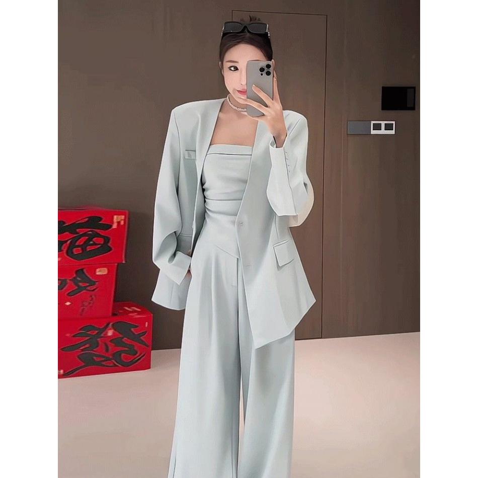 Autumn 2026 New High-end Korean Two-piece Set Niche Suit Jacket Vest Top Wide-leg Pants Set Women