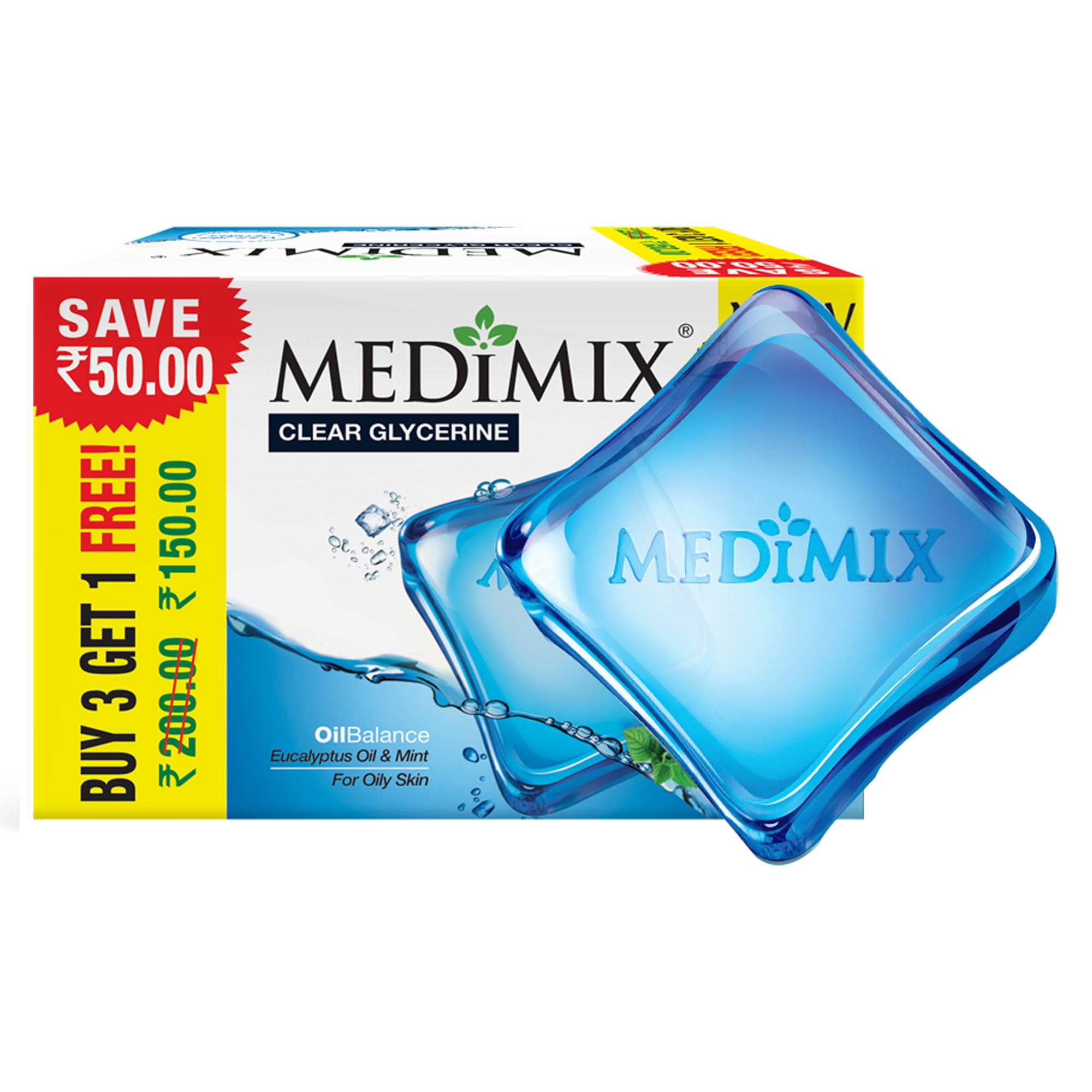 Medimix Clear Glycerine Oil Balance Bathing Bar Soap for Oily Skin 100g (3 + 1 Combo Pack) | Infused with Eucalyptus Oil & Mint