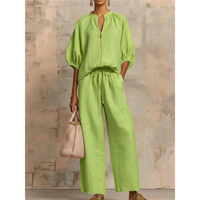 Women Linen 2 Piece Outfit Zip Front Puff Sleeve Blouse Drawstring Wide Leg Pants Casual Summer Matching Set