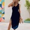 Women Plus Size U Neck Sleeveless Starry Printed Dress Red Blue White High Side Slit Curved Hem