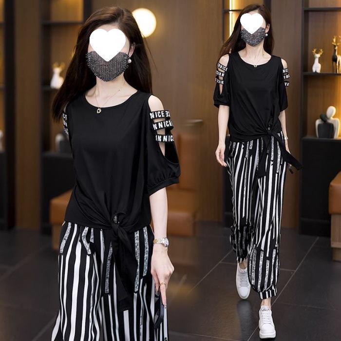 Casual Sportswear Set for Women - Fashionable Summer Design with Exposed Shoulders and Irregular Top - Two-piece Set