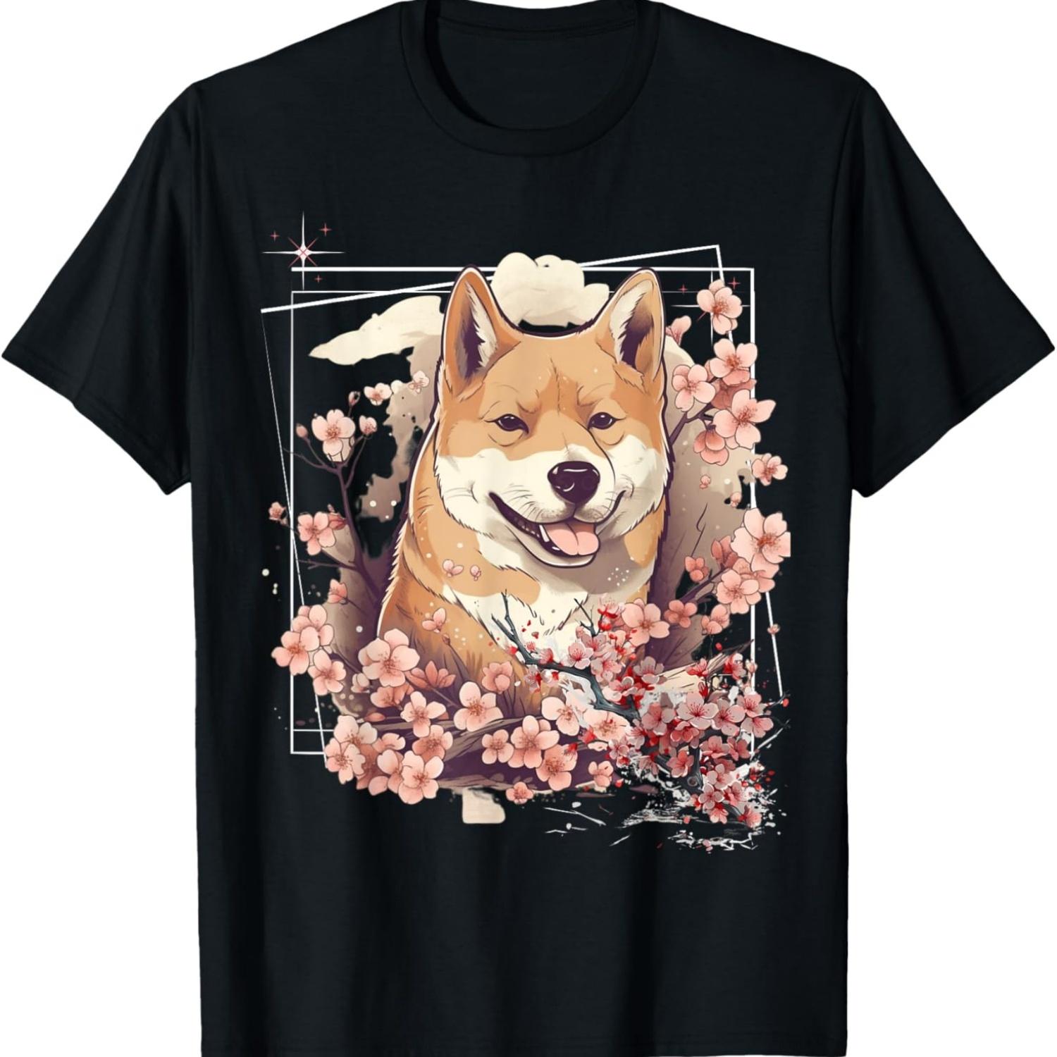 Cute Shiba Inu Dog  Cherry Blossom Sakura Flower T-Shirt(1) S чёрный