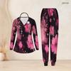 Women Plus Size Black Pink Floral Printed Nurse Scrub Set V Neck Long Sleeve Pockets Top Long Pants