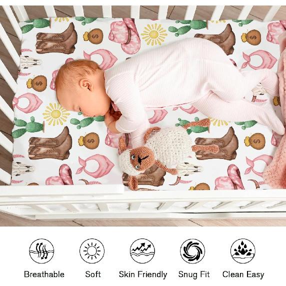 Pink Western Cowgirl Cowboy Fitted Baby Crib Sheet for Boy Girl 52"x28" Desert Cowboy Hat Boot Sun Cactus Soft Breathable Baby Crib Mattress Bed