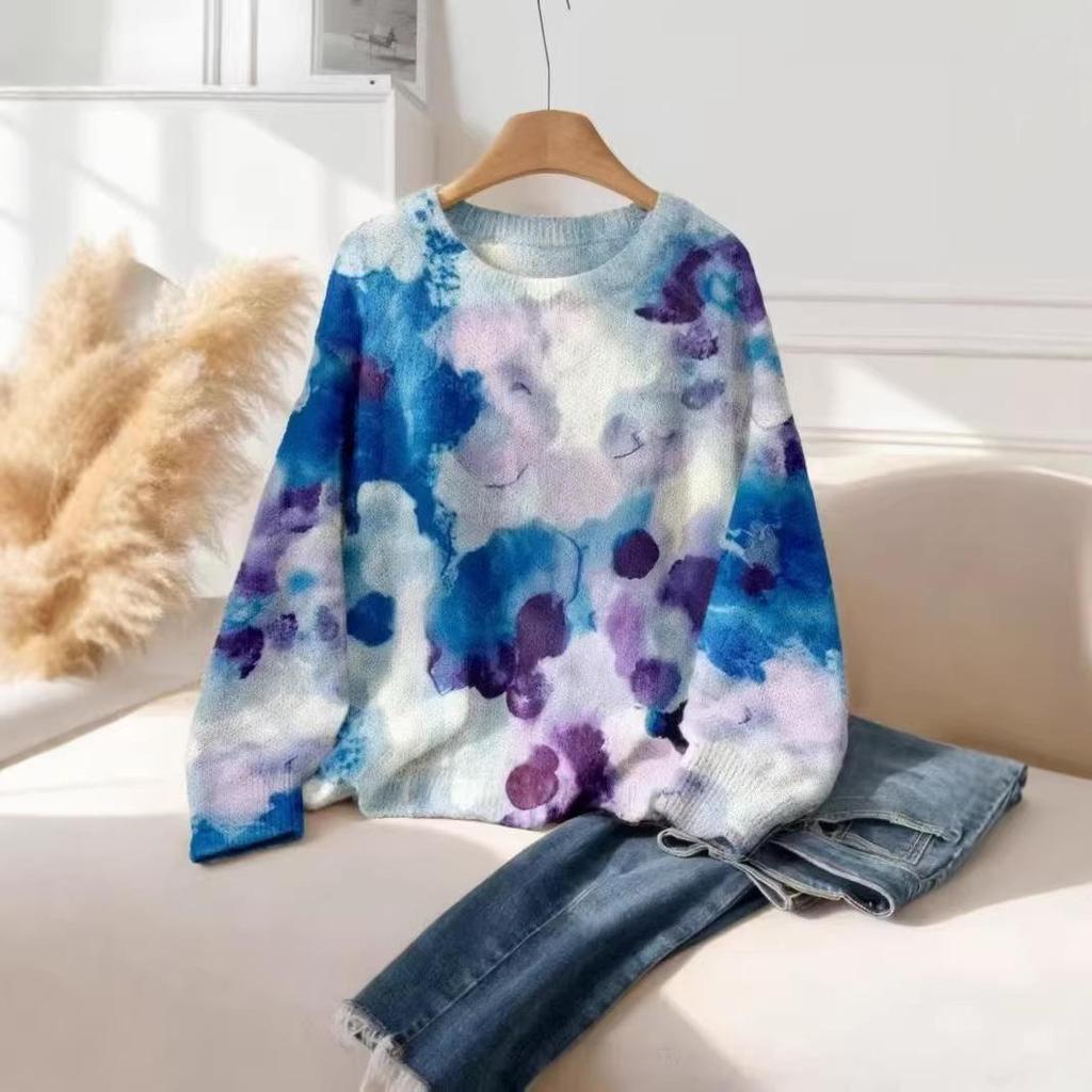 Women's Floral Tie-Dye Knit Sweater Pullover