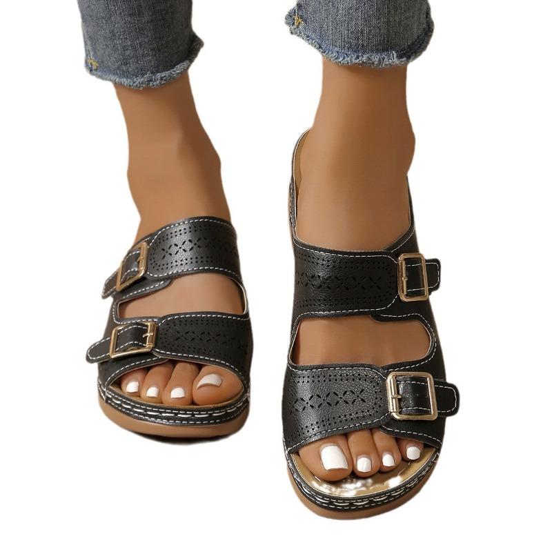 Large size hollow double-breasted flat-bottomed slippers women's 24 new casual solid color fish mouth slippers