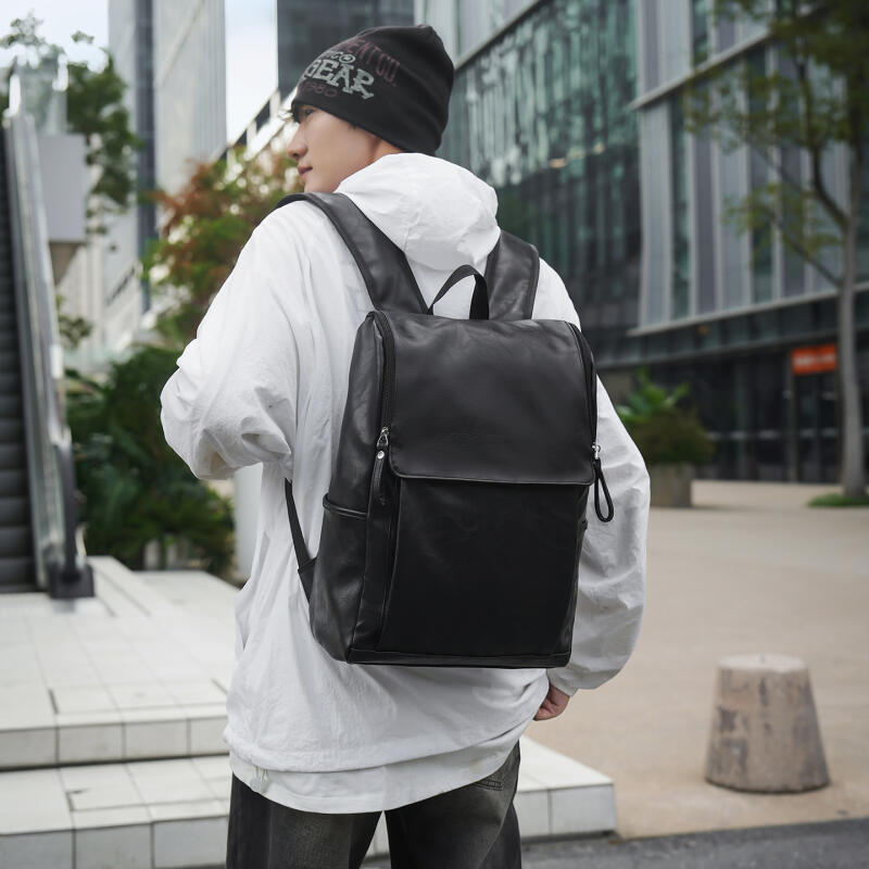 Solid Color PU Backpack Men's Large Capacity Backpack Student Sports Travel Computer Bag