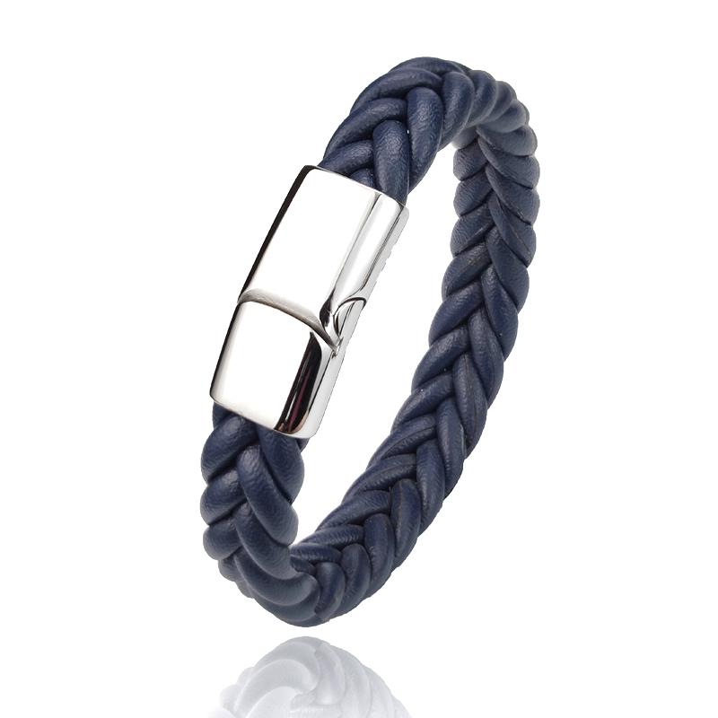 Punk Men Braided Leather Bracelet Jewelry Black/Brown/Red/Blue Stainless Steel Magnetic Clasp Fashion Bangles Charm Bracelets