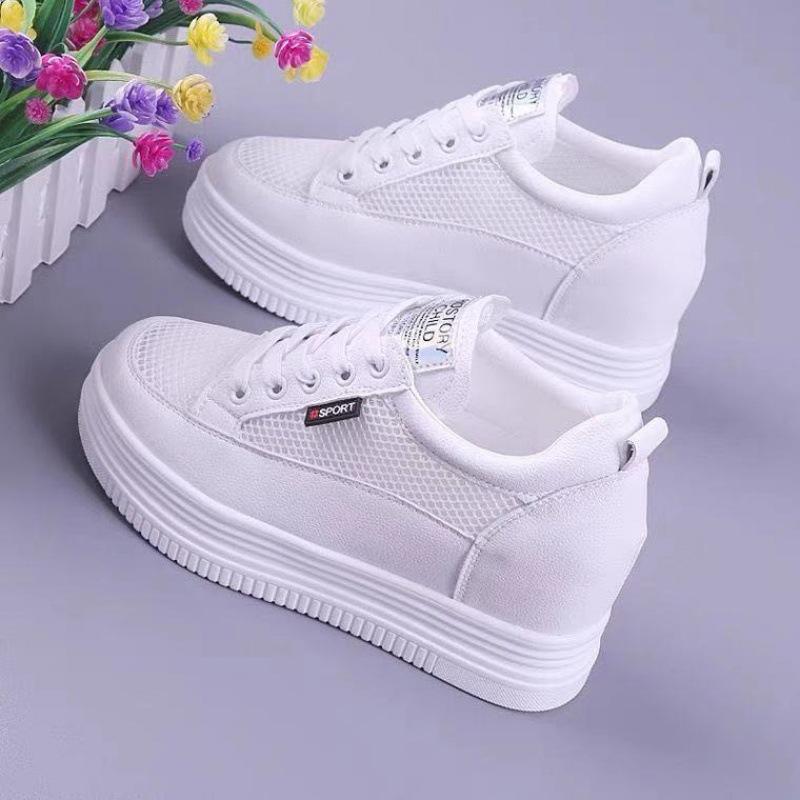 Damen Mesh Atmungsaktive Weiße Schuhe Vielseitige Dicke Sohle mit Erhöhter Schwammsohle Damen Vielseitige Mesh Schuhe