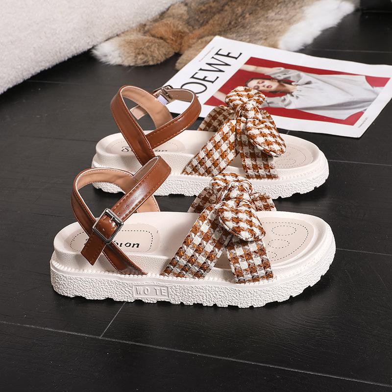 Sandals Women's 2025 Summer New Korean Version of Platform Plaid Bow Casual Versatile Comfortable Simple Beach Sandals