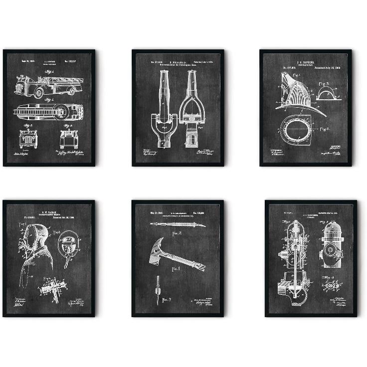 ArtCantHurtU Firefighter Gifts For Men - Set of 6 Vintage (8x10) Wall Art Fireman Room Decor Patent Prints - Fire Fighter Department Gifts Ideas