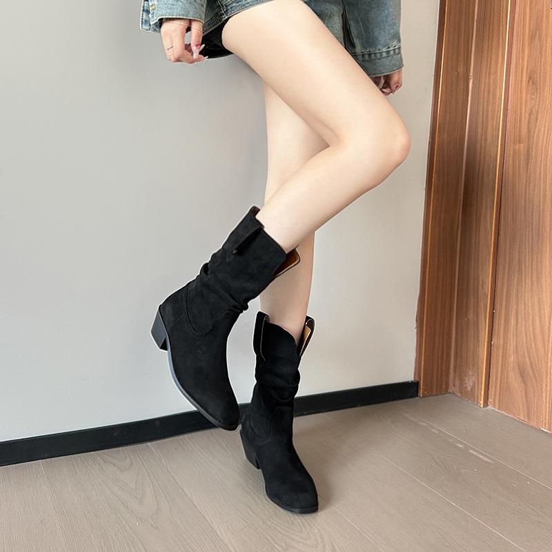 Retro Fashion Cowboy Boots Women, Spring and Autumn New Pointed Thick Heel Pleated Pile Short Martin Boots Knight Boots