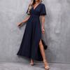 Abito Midi Bodycon da Donna Scollo a V Manica Corta Spacco Alto Multicolore Abito Elegante