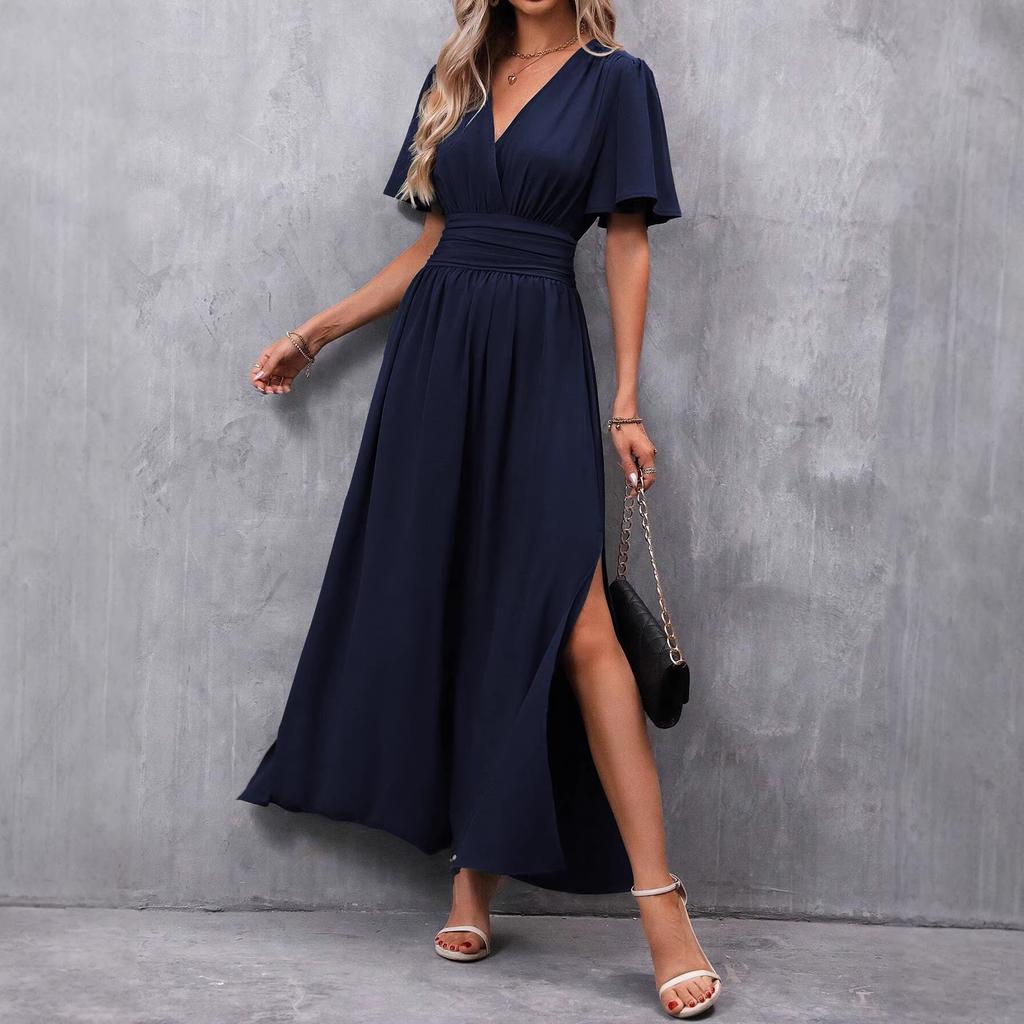 Abito Midi Bodycon da Donna Scollo a V Manica Corta Spacco Alto Multicolore Abito Elegante