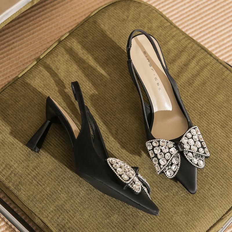 7513-6 [sheepskin] Pointed High Heels Women's 2025 New Bag Head Rhinestone Bow Back Empty Stiletto Sandals