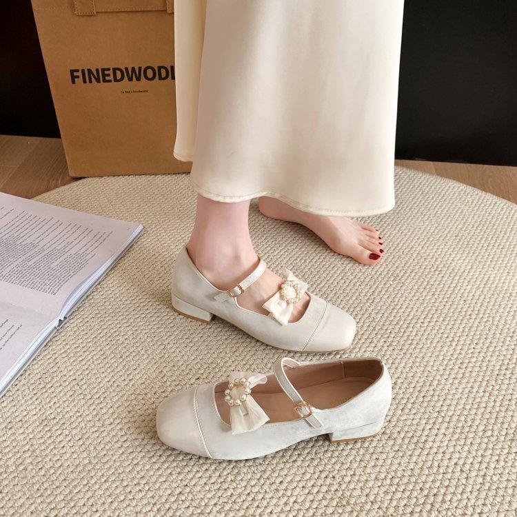 

[youshilai] Pearl bow pink flats are gentle and sweet spring new French single shoes for women 39
