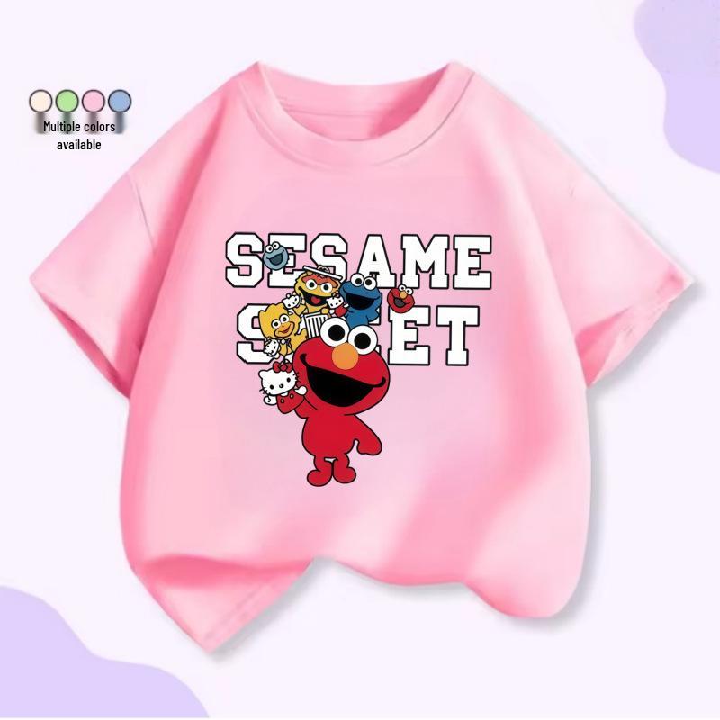 Sesame Street Elmo & Friends Kids Short Sleeve Cartoon T-Shirt, Unisex Summer Casual Top 140 cm розовый