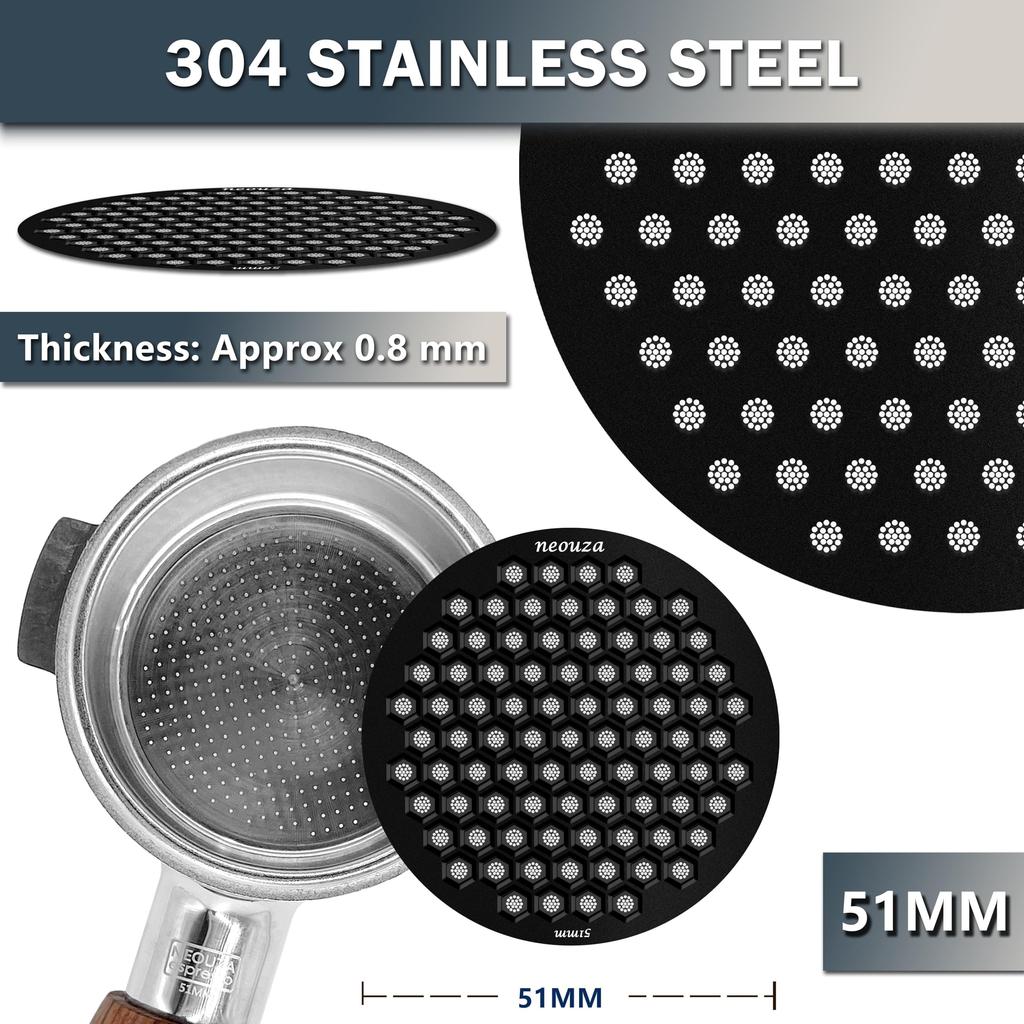 NEOUZA Espresso-Siebe, 0,8 mm dickes Wabenmuster-Netz, Wiederverwendbare Kaffeefilter für Siebträgerkörbe, V4 (Schwarz + Silber, 2er-Pack, 51 mm)
