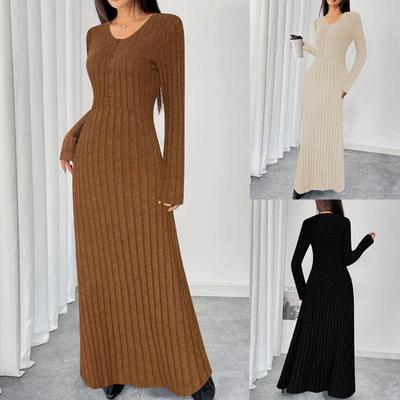 Vestido Largo de Punto de Color Sólido con Cuello en V de Botones Individuales Estilo Independiente Europeo y Americano para Mujer - Colección Otoño/Invierno
