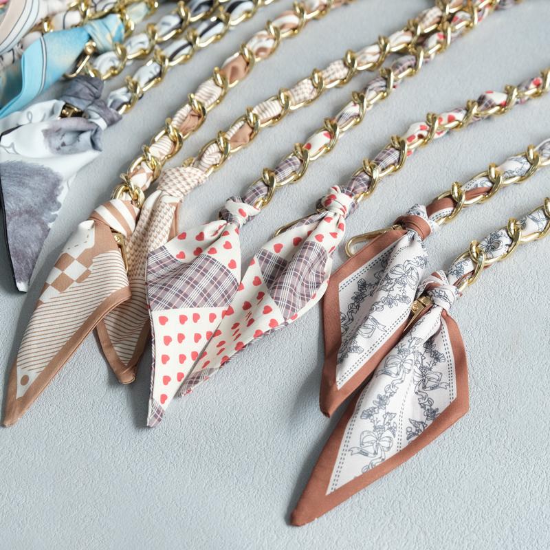 New Fashion Brand Woman Handbag Accessory Chains Detachable Floral Print Gold Silver Metal Silk Shoulder Strap Women DIY Chain Bag Handles