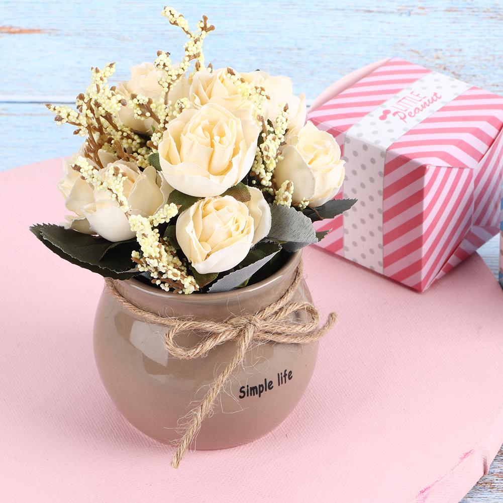 

Ceramic Vase Artificial Silk Rose Flower Potted Home Desktop Decoration Ornament White