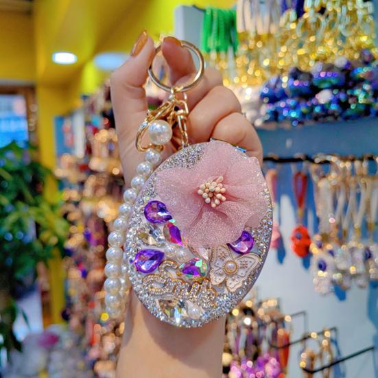 Bling Rhinestone Round Pocket Mirror with Metal Keychain Folding Double-Sided Makeup Mirror Bead String Charm for Purse Handbag Wallet Travel