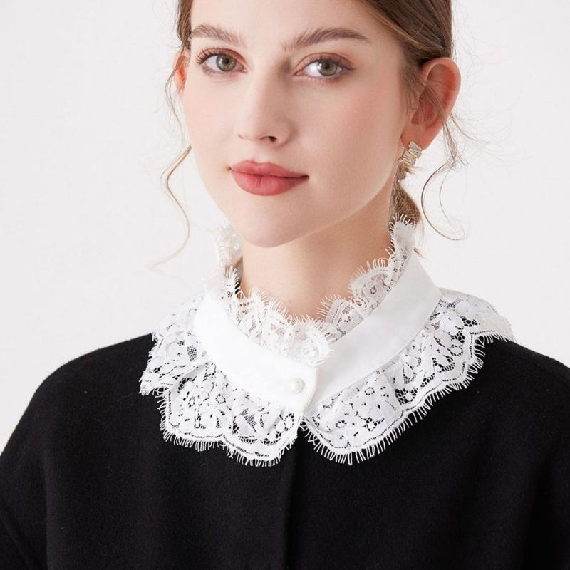 Women Faux Collar Eyelash Flower Lace Detachable Blouse Collar Necklace with False Sleeves Cuffs Set Clothing Accessory