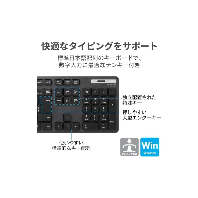 ELECOM Wireless Keyboard and Mouse Set, Membrane, Slim, Full-Size Keyboard, Black TK-FDM110MBK